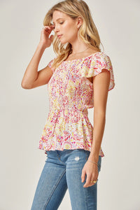 Printed Smocked Top with Flutter Sleeves (Ivory Multi)