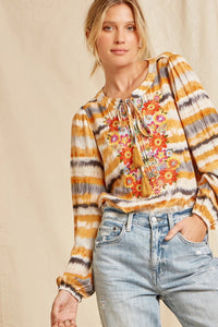 Tie Dye Floral Embroidered Top (Marigold)