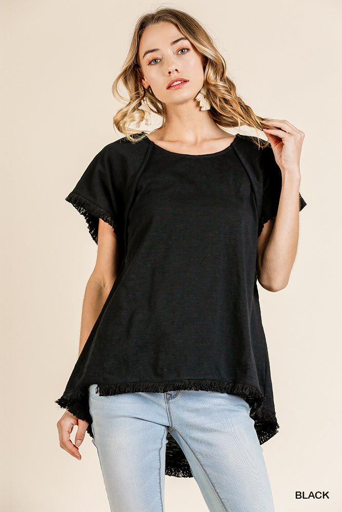 Carly High Low Scoop Frayed Ruffle Hem Top (Black)