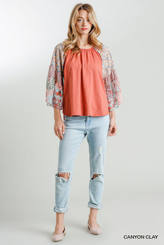 Jacklyn Floral and Animal Mixed Printed Bell Sleeve (Clay)