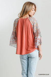 Jacklyn Floral and Animal Mixed Printed Bell Sleeve (Clay)