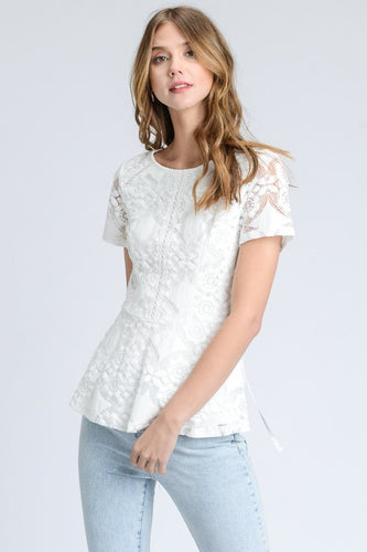 White Peplum Lace Up Back Blouse