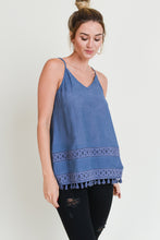 Evelyn Embroidered Tank Top with Tassel (Denim Blue)