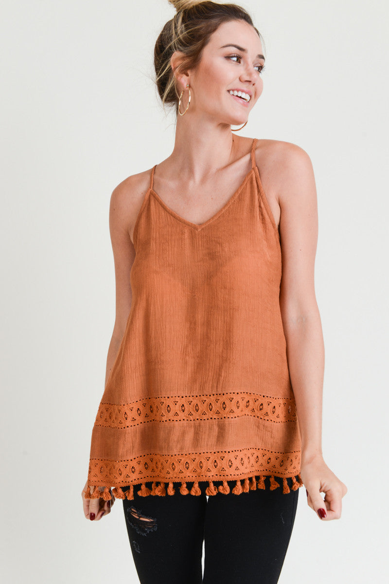 Evelyn Embroidered Tank Top with Tassel (Ginger)