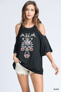 Embroidered Cold Shoulder Peasant Top