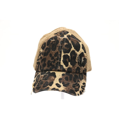 Leopard Distressed Stretch Mesh High Pony CC Ball Cap