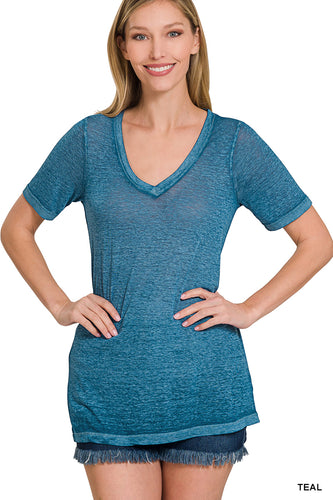 Melange Burnout SHort Sleeve V-Neck Top (Teal)
