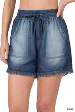 Chambray Frayed Shorts with Pockets (Dark Blue)