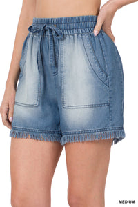 Chambray Frayed Shorts with Pockets (Light Blue)