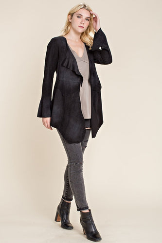 Laced Up Faux Suede Bell Sleeve Jacket (Black)