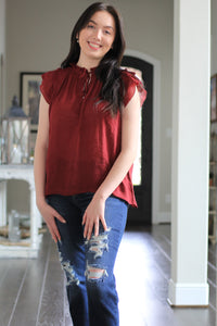 Caroline Tiered Ruffle Sleeve Blouse (Burgandy)