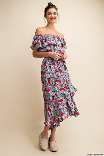 Callie Off Shoulder High Low Floral Dress (Dusty Blue)