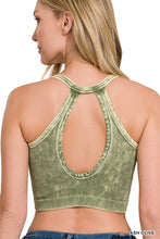 Washed Ribbed Cropped Button V-Neck Tank Top (Ash Olive)