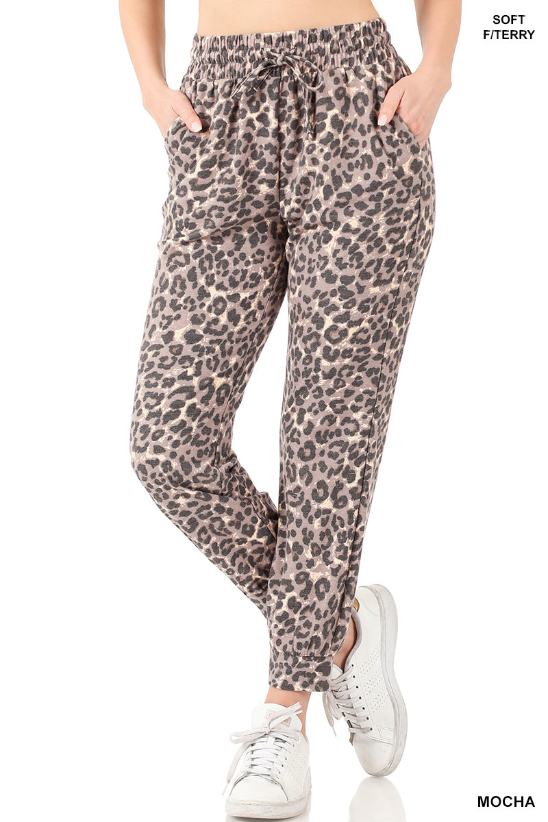 Soft French Terry Reverse Leopard Jogger Pants (Mocha)