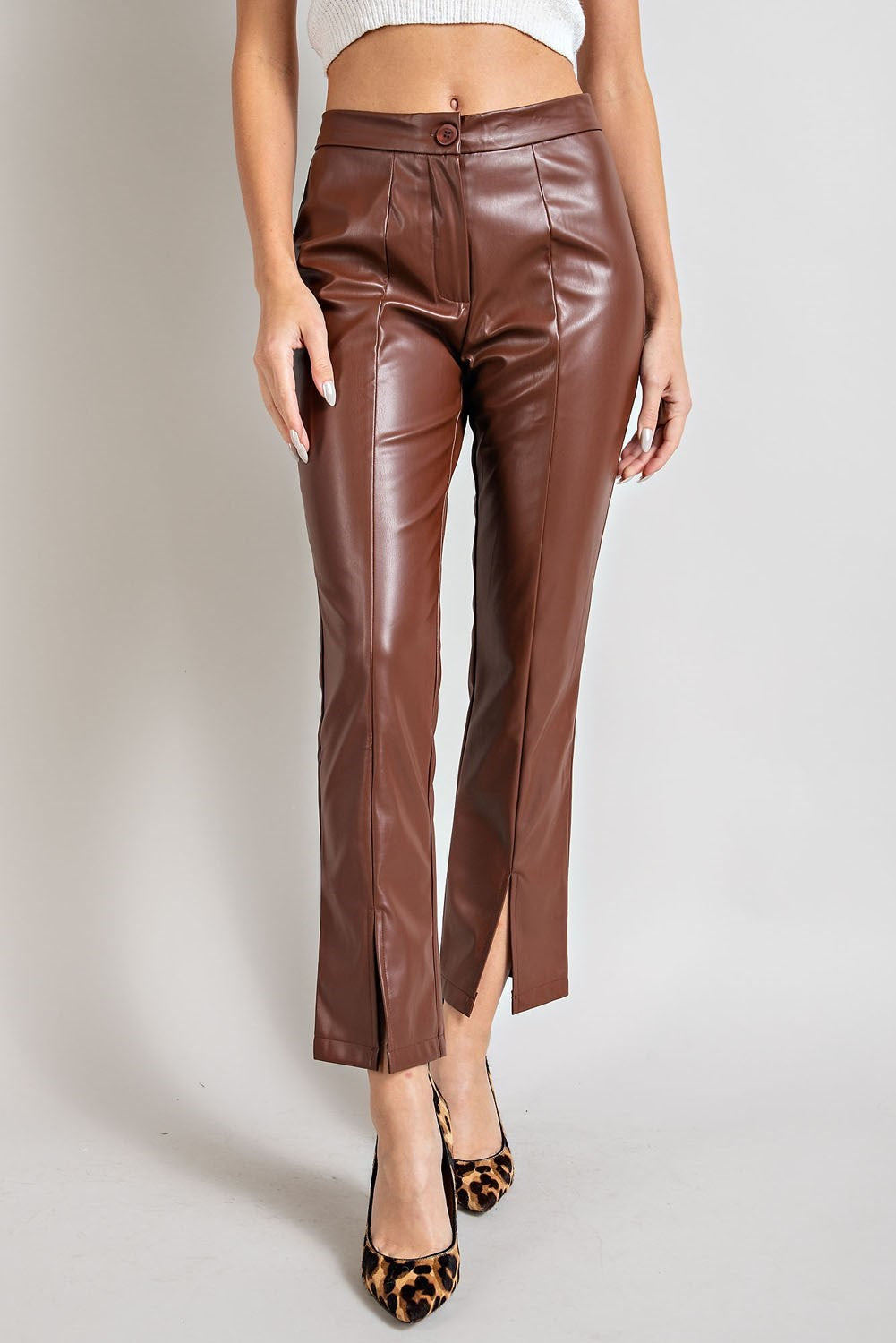 Faux Leather Slit Pants (Chocolate)