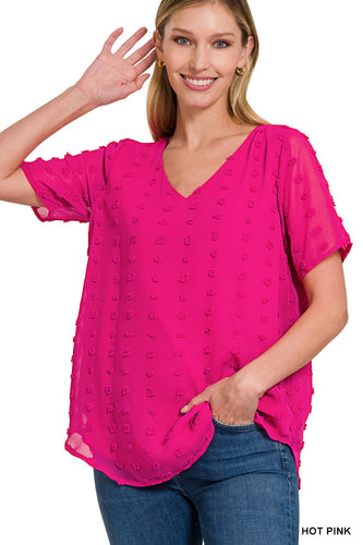Swiss Dot V-Neck Top (Hot Pink)