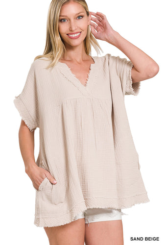 Gauze Raw Edge Short Sleeve V-Neck Top (Beige)