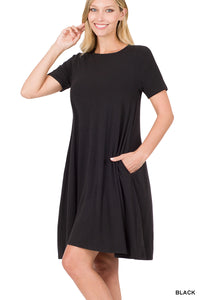 Short Sleeve Flared Dress with Pockets (Black)