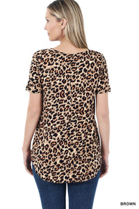 Leopard Print Short Sleeve V-Neck Top (Brown)