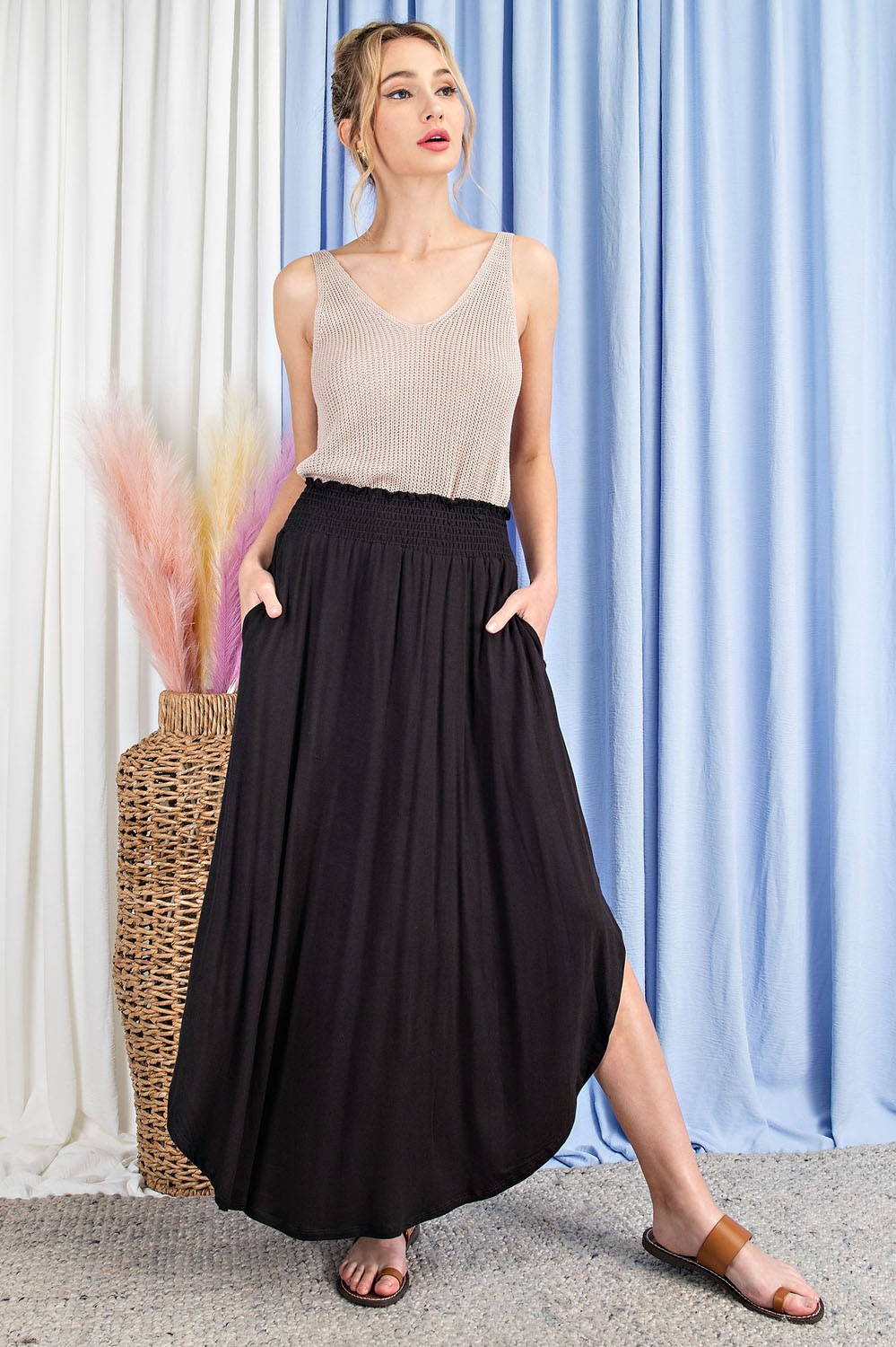 Layna Smocked Maxi Skirt (Black)