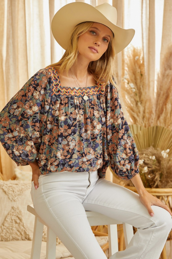 Alice Emroided Square Neck Top (Navy Multi)