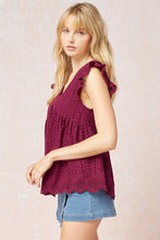 Colby Eyelet Ruffled Sleeve Top (Burgundy)