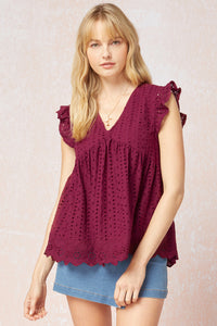 Colby Eyelet Ruffled Sleeve Top (Burgundy)