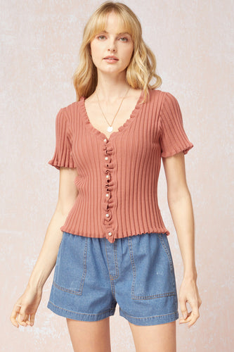 Charlotte Ribbed Lettuce Hem Top (Salmon)