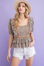 Square Neck Animal Print Baby Doll Top (Taupe)