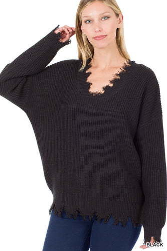 Drop Shoulder Distressed Sweater (Black)