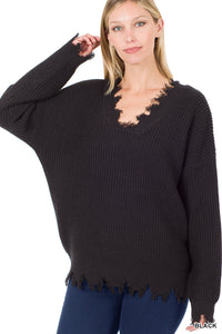Drop Shoulder Distressed Sweater (Black)