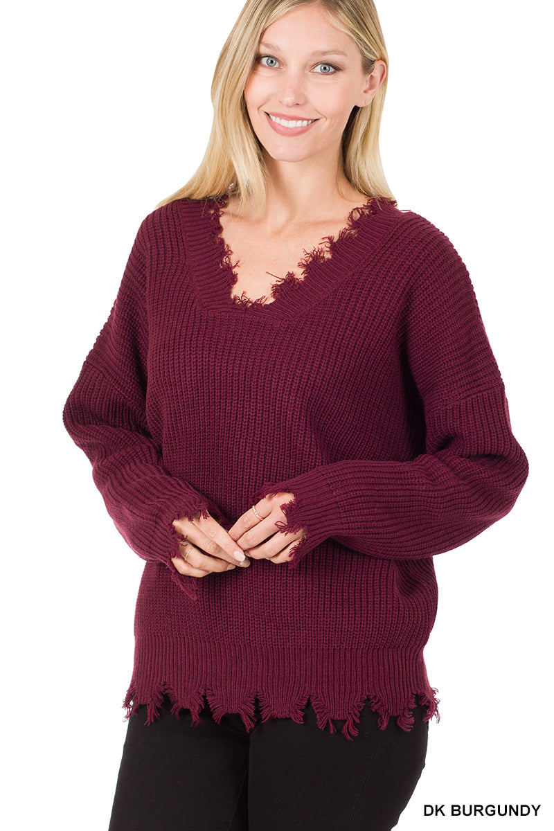 Drop Shoulder Distressed Sweater (Burgundy)