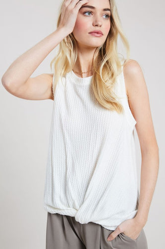 Waffle Knit Twist Front Top (White)