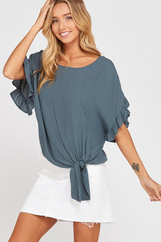 Camilla Ruffled Sleeve Side Tie Top (Teal)