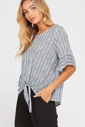 Striped Front Tie Ruffle Sleeve Top