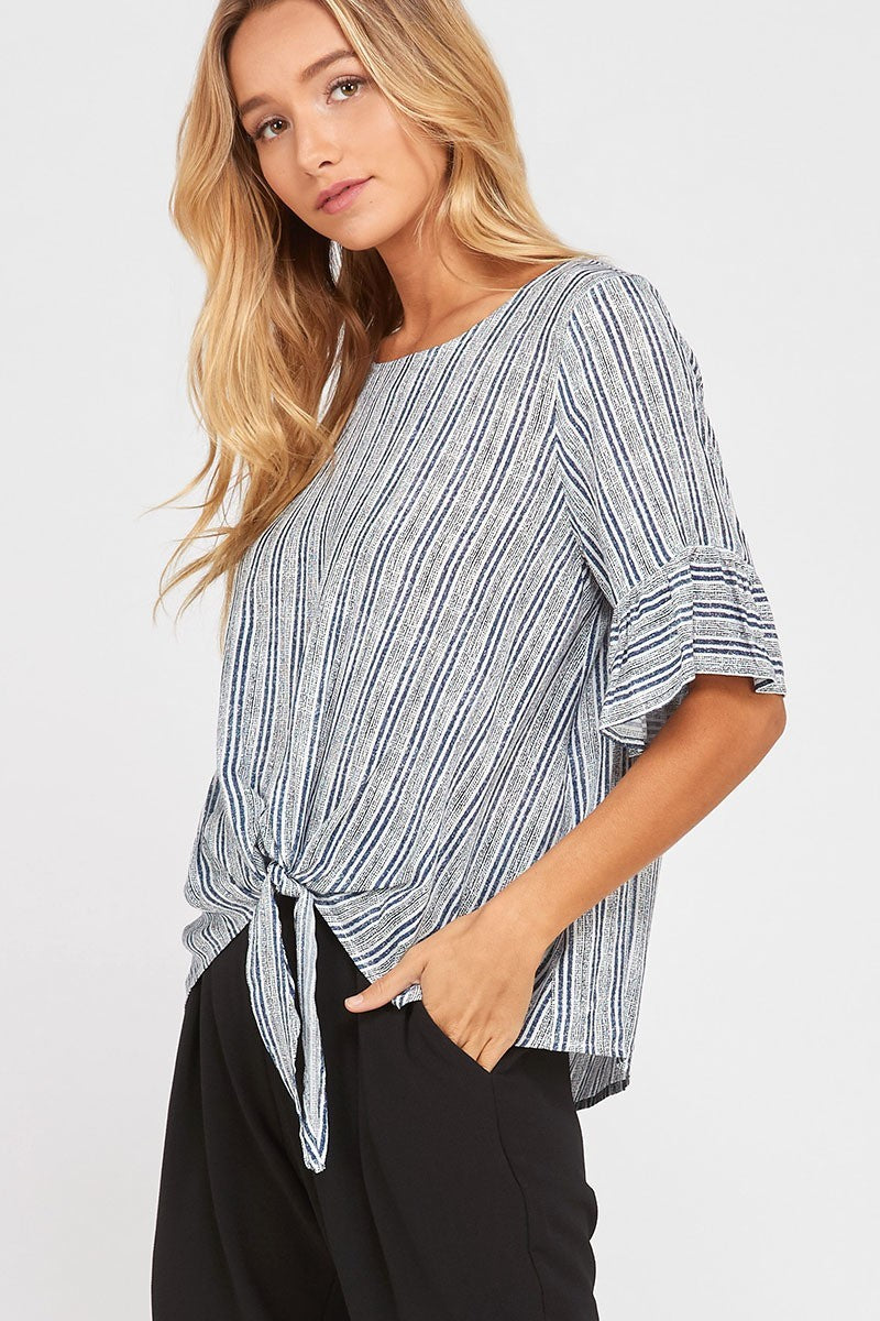 Striped Front Tie Ruffle Sleeve Top