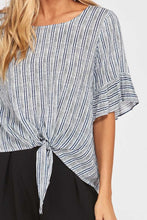 Striped Front Tie Ruffle Sleeve Top