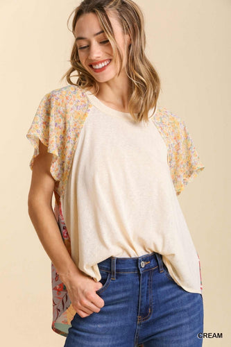 Mixed Print Round Neck Short Sleeve Top (Cream)