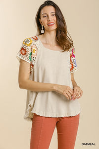 Donna Crochet Sleeve Frayed Top (Oatmeal)