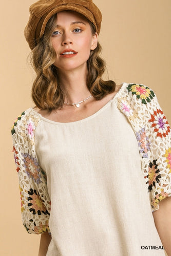 Darling Crochet Sleeve Top (Oatmeal)