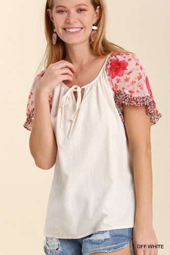 Kendall Linen Blend Mixed Print Ruffle SleeveTop  (Off White)