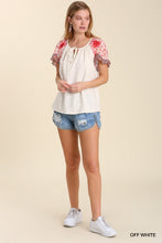 Kendall Linen Blend Mixed Print Ruffle SleeveTop  (Off White)