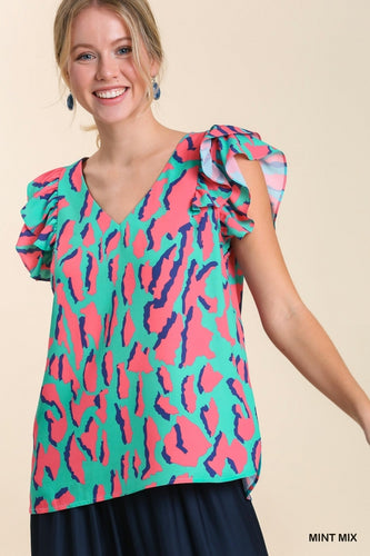 The Sydney Double Ruffle Abstract Print Top (Mint Mix)
