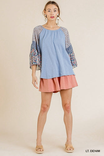 Ava Floral Print Bell Sleeve Top (Light Blue)