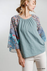 Jacklyn Floral and Animal Mixed Printed Bell Sleeve (Dusty Mint)