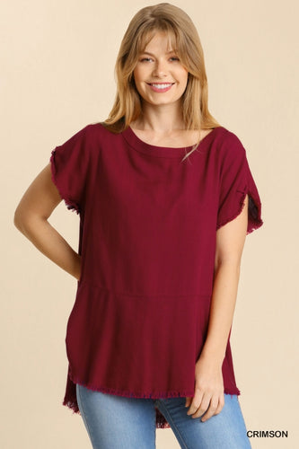 Addison Round Neck Raw Edge Top  (Crimson)