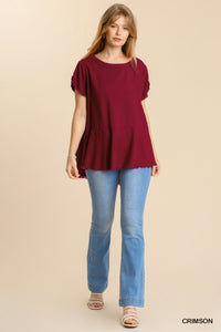 Addison Round Neck Raw Edge Top  (Crimson)