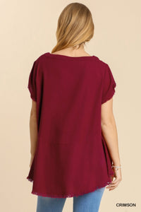 Addison Round Neck Raw Edge Top  (Crimson)