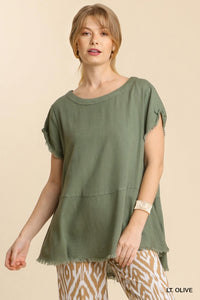 Addison Round Neck Raw Edge Top  (Lt. Olive)