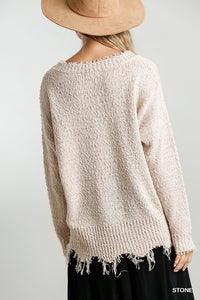 Knit Pullover Sweater with Frayed Hem
